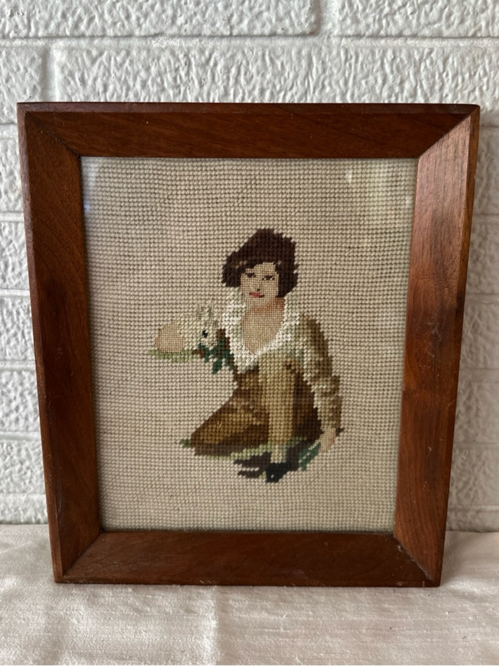 Vintage Framed Needlepoint Artwork Boy Holding Rabbit Wood FramE
